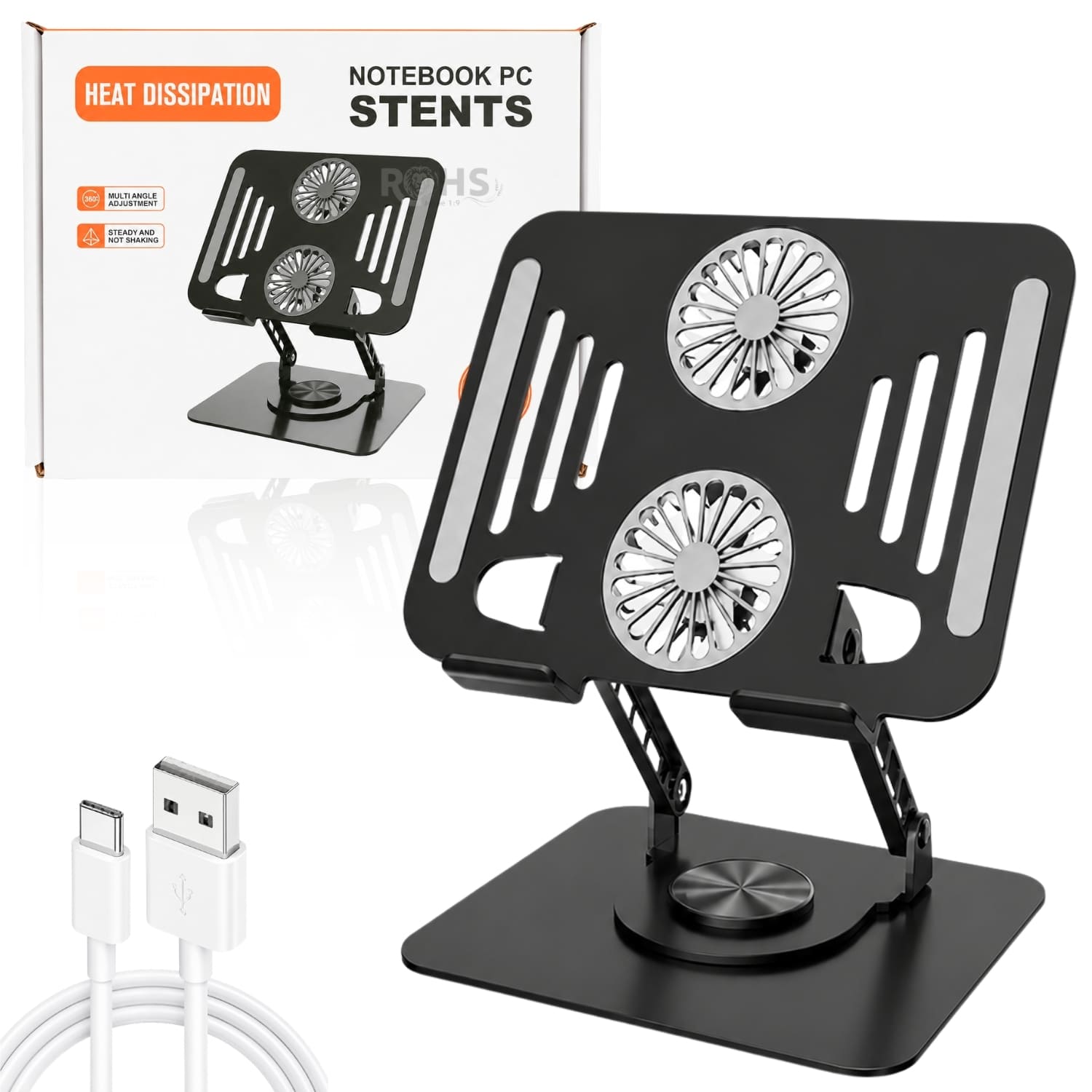 SOPORTE NEGRO PARA LAPTOP DE ALUMINIO CON BASE GIRATORIA 360° - 1