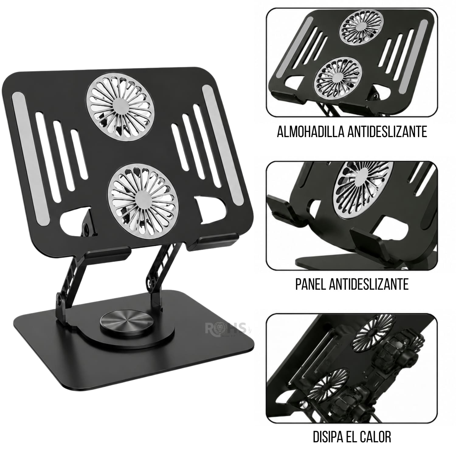 SOPORTE NEGRO PARA LAPTOP DE ALUMINIO CON BASE GIRATORIA 360° - 4
