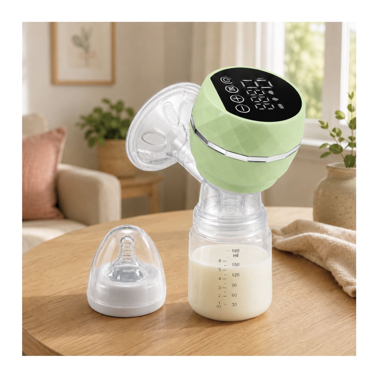 EXTRACTOR DE LECHE ELÉCTRICO RECARGABLE COLOR VERDE CON PANTALLA LED Y BIBERÓN - 3