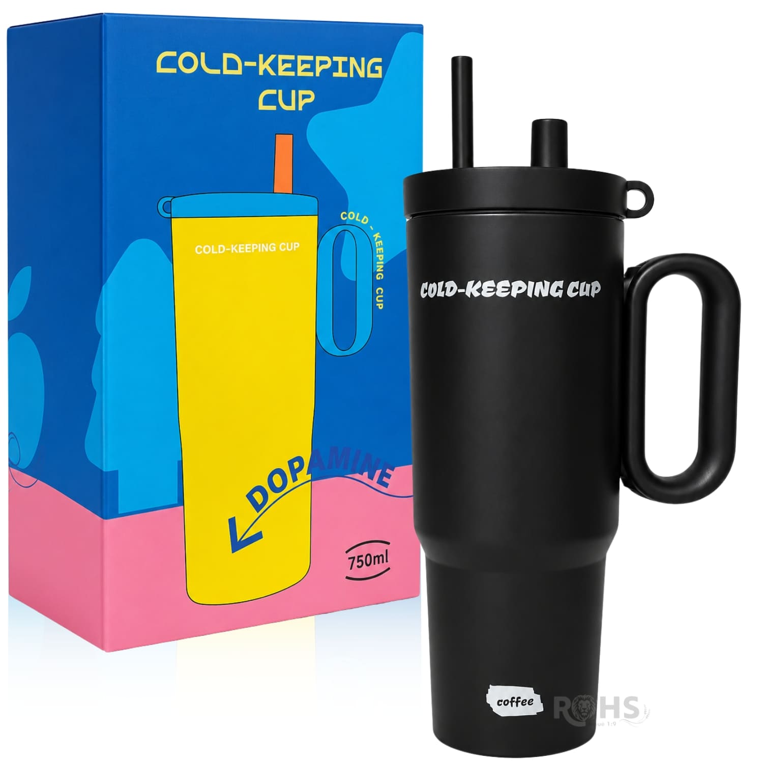 VASO TÉRMICO NEGRO DE ACERO INOXIDABLE CON ASA, SORBETE E INFUSOR - 1