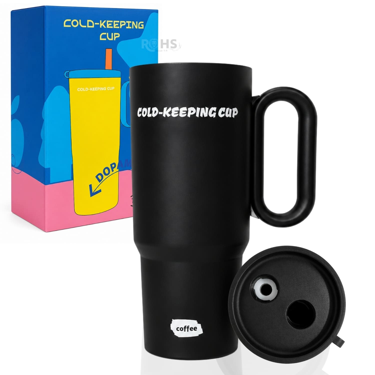 VASO TÉRMICO NEGRO DE ACERO INOXIDABLE CON ASA, SORBETE E INFUSOR - 1