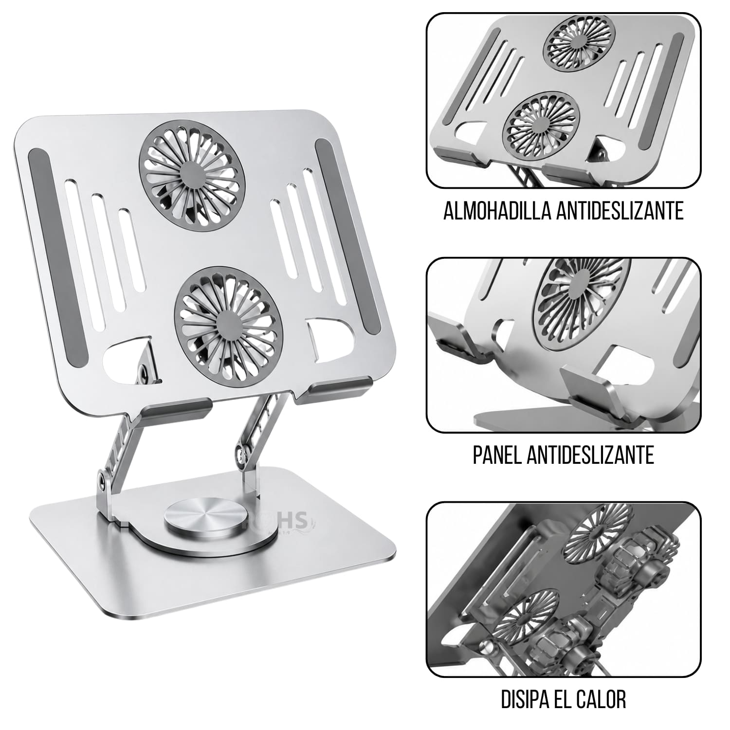 SOPORTE PLATEADO PARA LAPTOP DE ALUMINIO CON BASE GIRATORIA 360° - 7