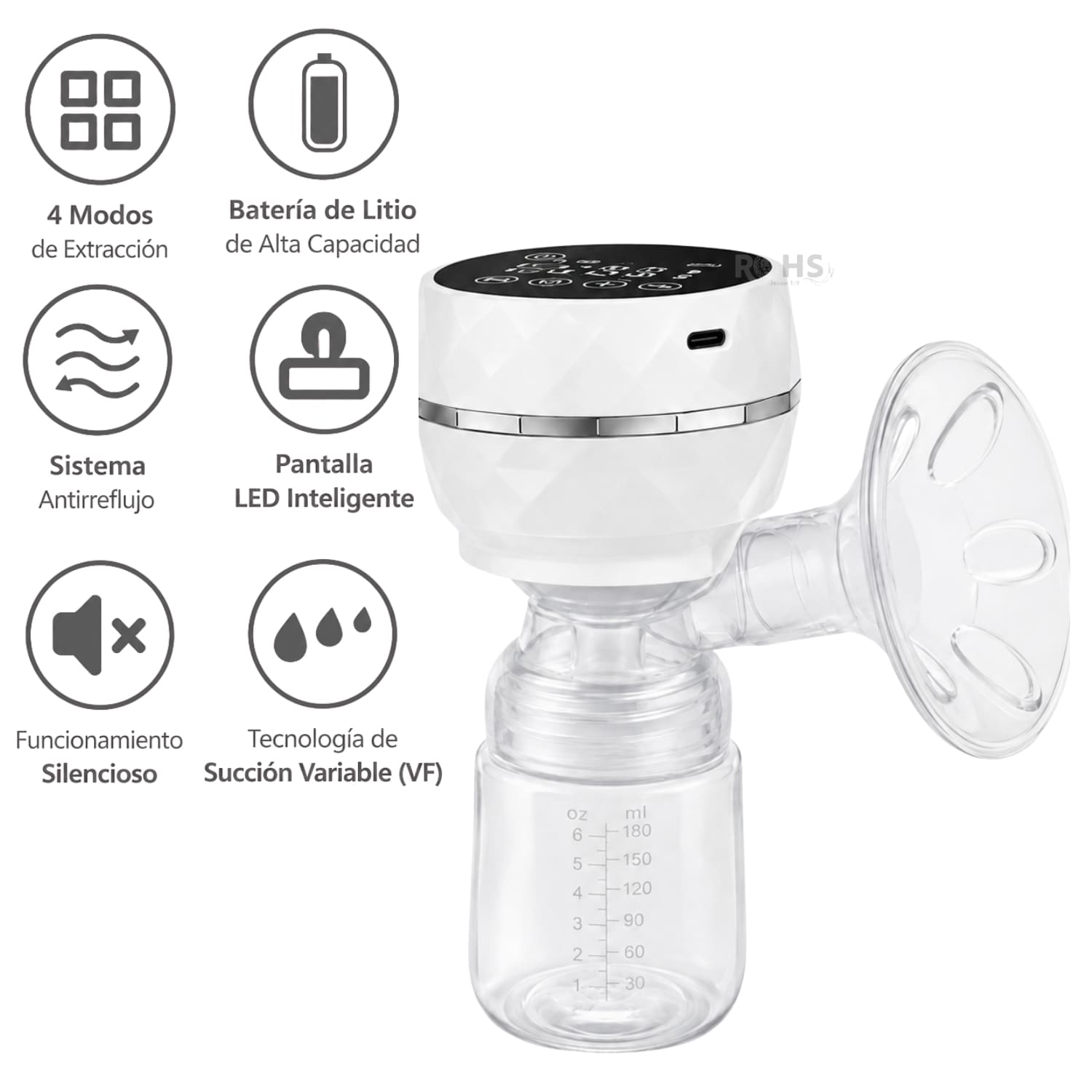 EXTRACTOR DE LECHE ELÉCTRICO RECARGABLE COLOR BLANCO CON PANTALLA LED Y BIBERÓN - 7