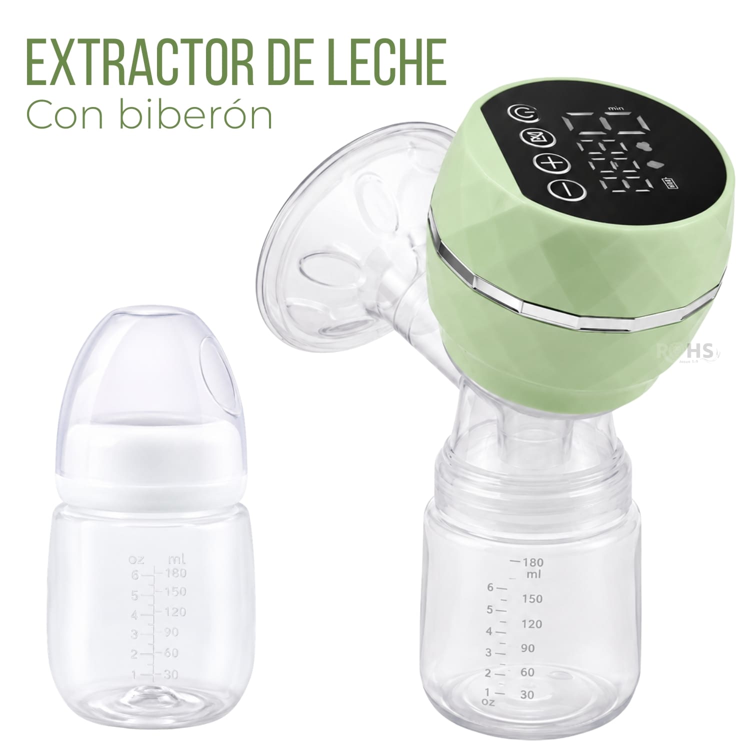 EXTRACTOR DE LECHE ELÉCTRICO RECARGABLE COLOR VERDE CON PANTALLA LED Y BIBERÓN - 3