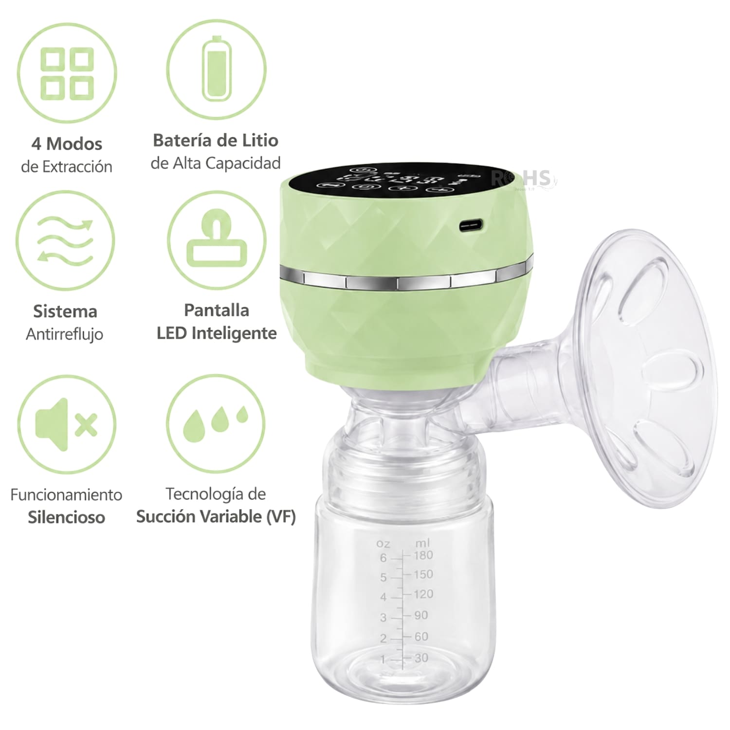 EXTRACTOR DE LECHE ELÉCTRICO RECARGABLE COLOR VERDE CON PANTALLA LED Y BIBERÓN - 7