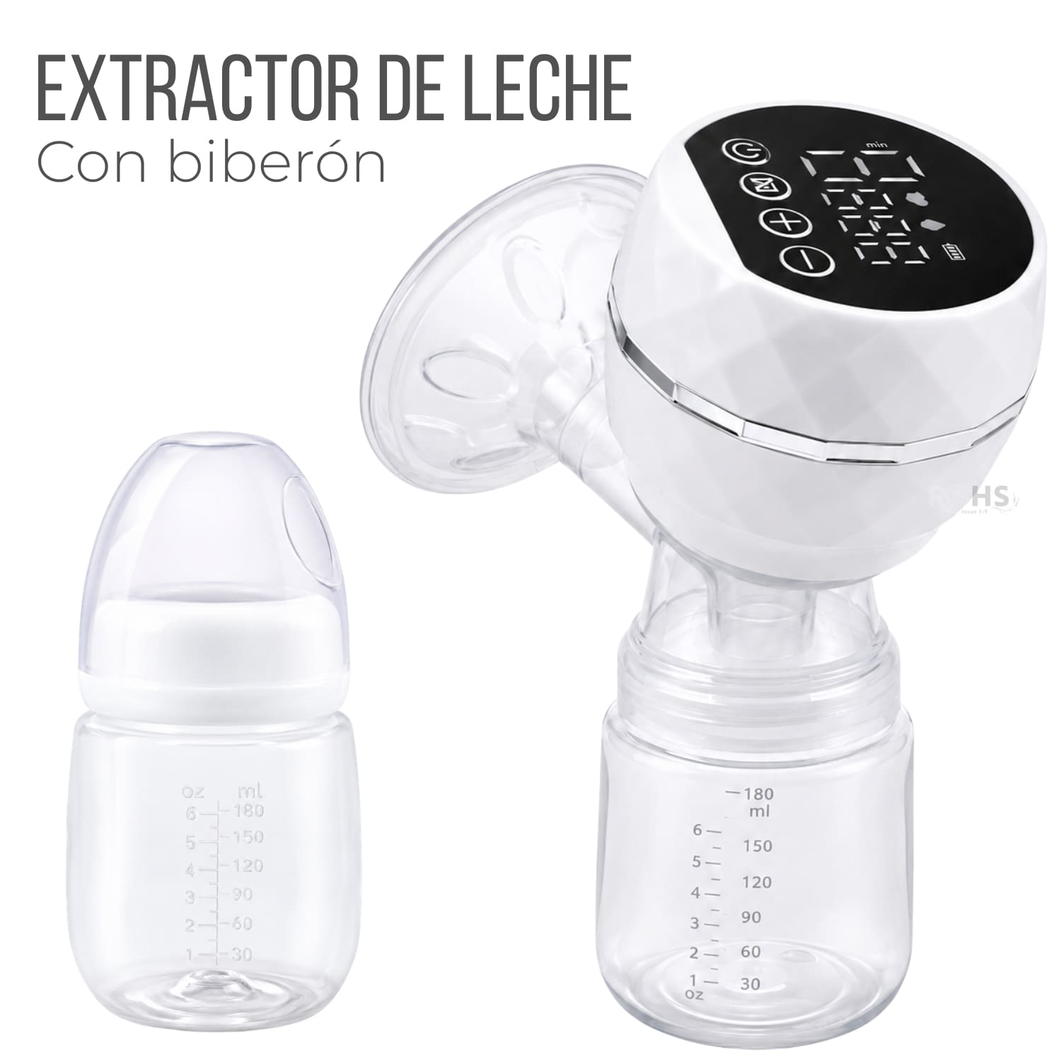 EXTRACTOR DE LECHE ELÉCTRICO RECARGABLE COLOR BLANCO CON PANTALLA LED Y BIBERÓN - 1