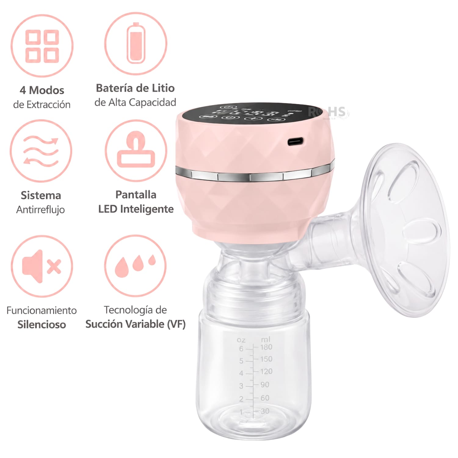 EXTRACTOR DE LECHE ELÉCTRICO RECARGABLE COLOR ROSA CON PANTALLA LED Y BIBERÓN - 4