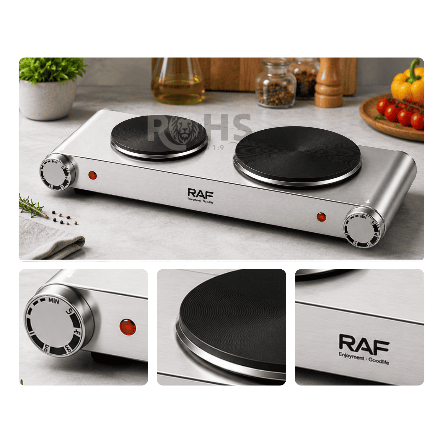 ESTUFA ELÉCTRICA DOBLE RAF R.8072 2500W CON REGULACIÓN DE TEMPERATURA Y DOBLE HORNILLA - 3