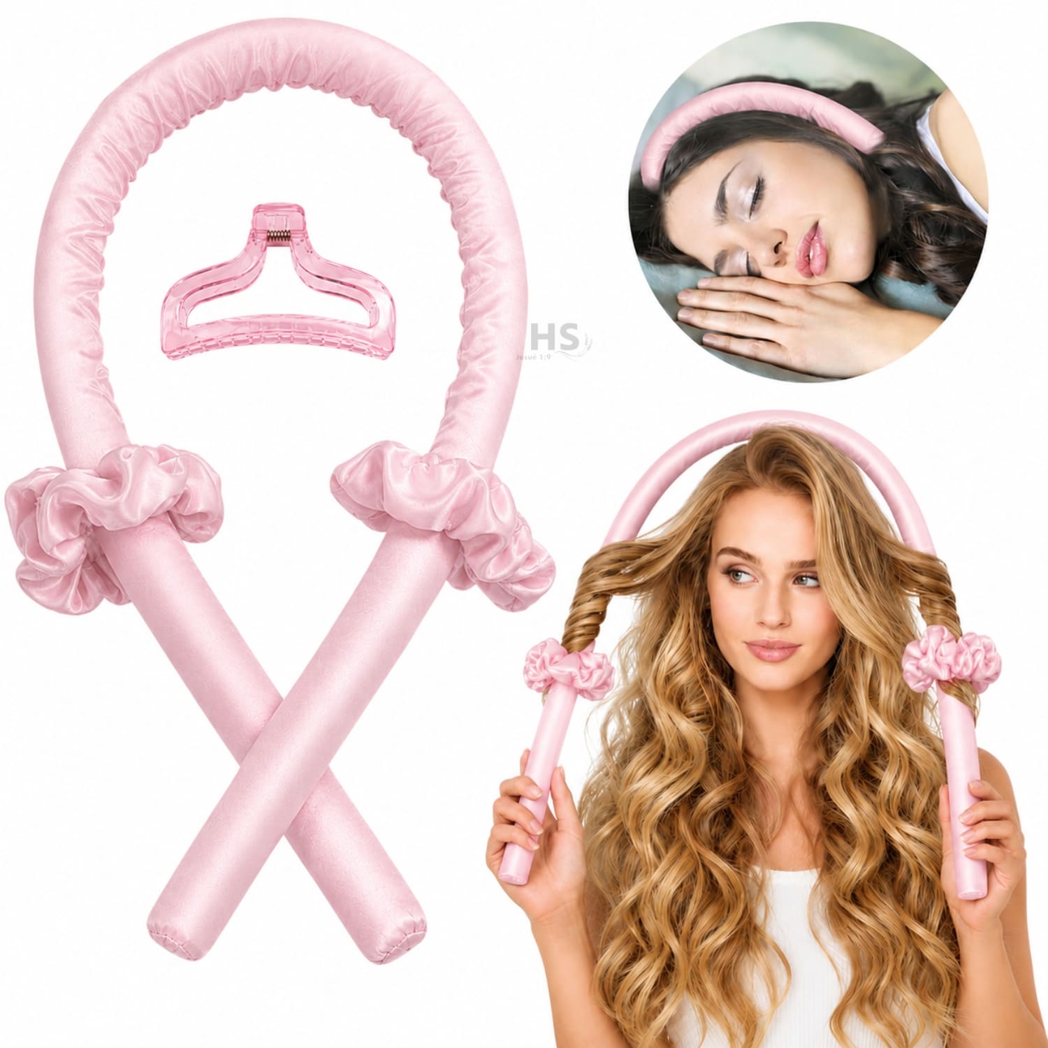 KIT RIZADOR ROSADO DE CABELLO SIN CALOR CON ACCESORIOS RIZOS NATURALES - 1