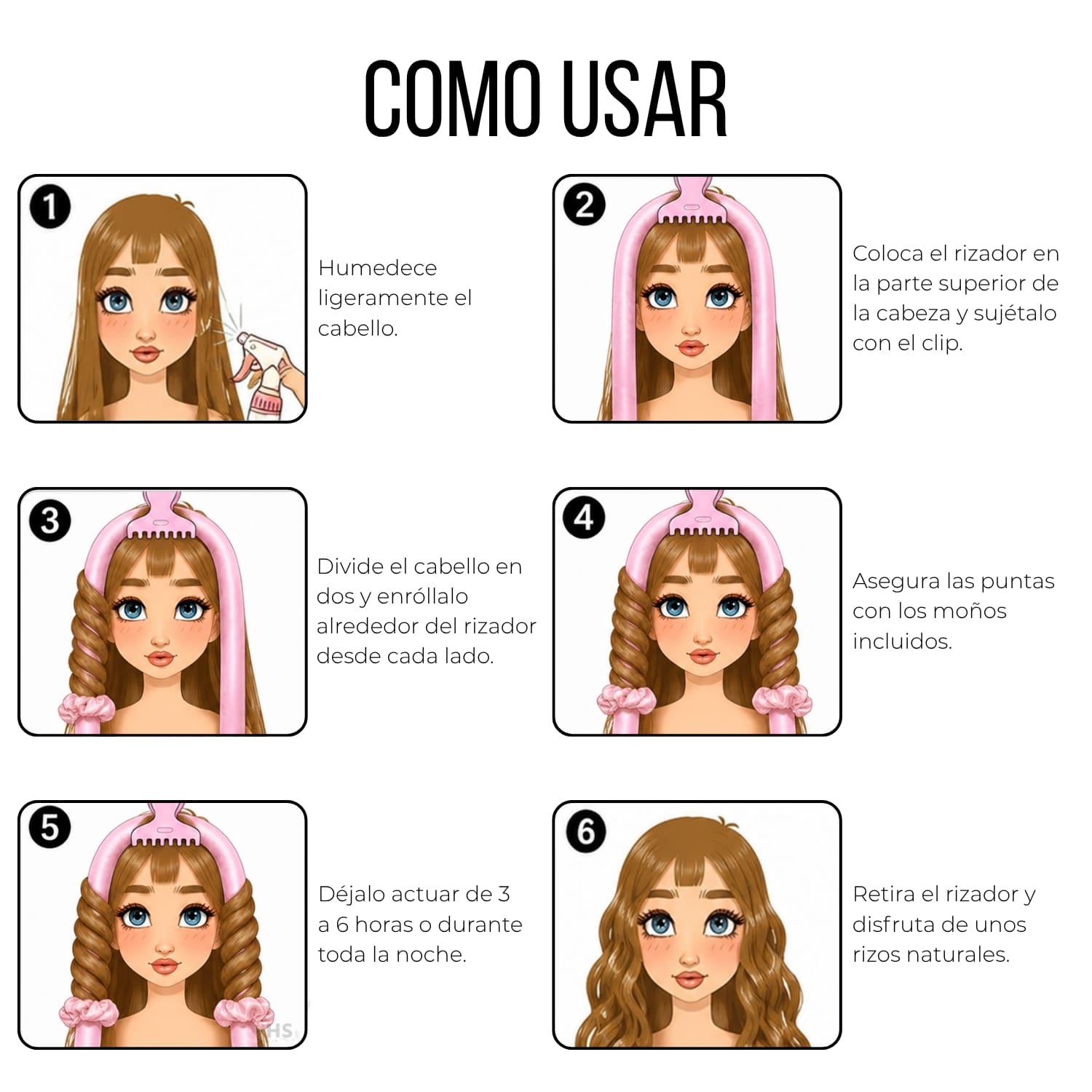 KIT RIZADOR ROSADO DE CABELLO SIN CALOR CON ACCESORIOS RIZOS NATURALES - 4