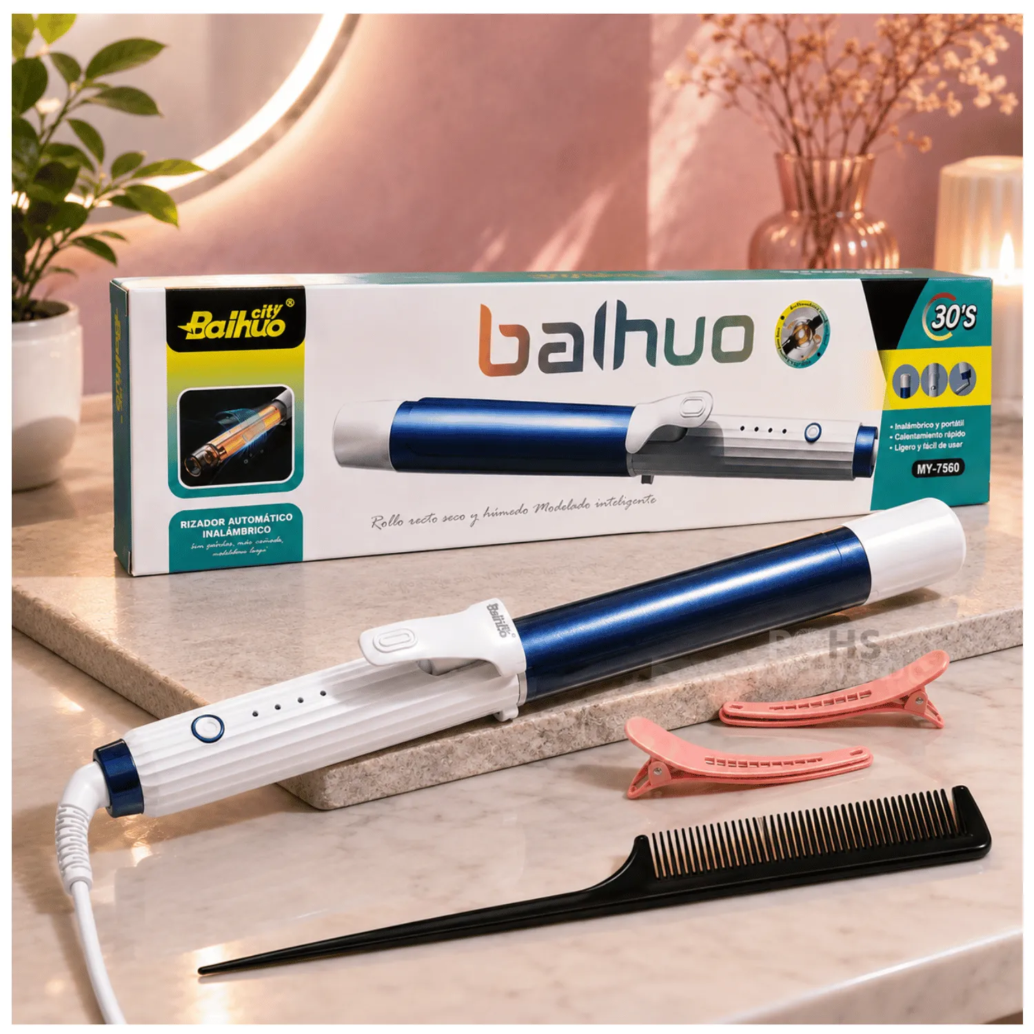 RIZADOR PORTÁTIL INALÁMBRICO BAIHUO MY-7560 CERÁMICO + ACCESORIOS - 1