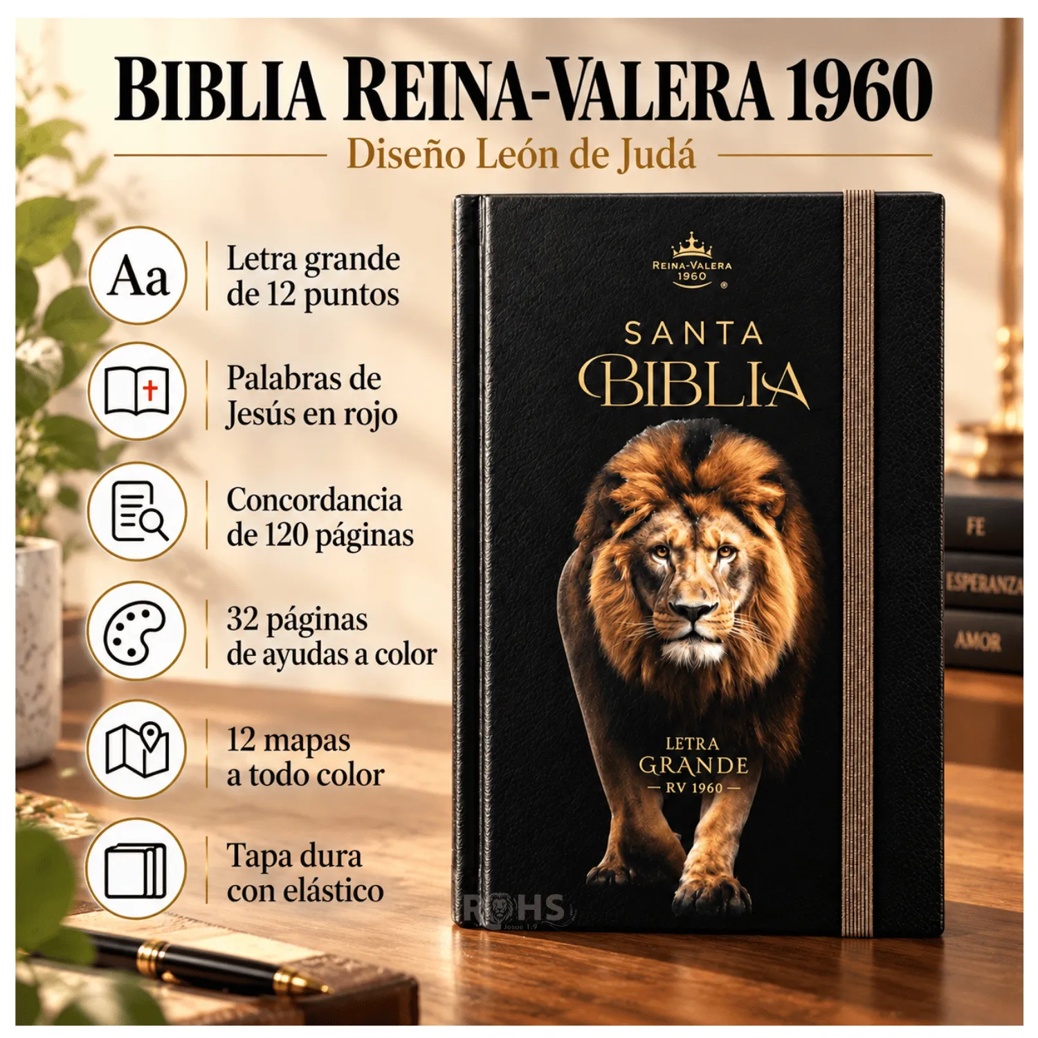 BIBLIA REINA VALERA 1960 LETRA GRANDE 12 PUNTOS - “LEÓN DE JUDÁ” - TAPA DURA CON ELÁSTICO - 1