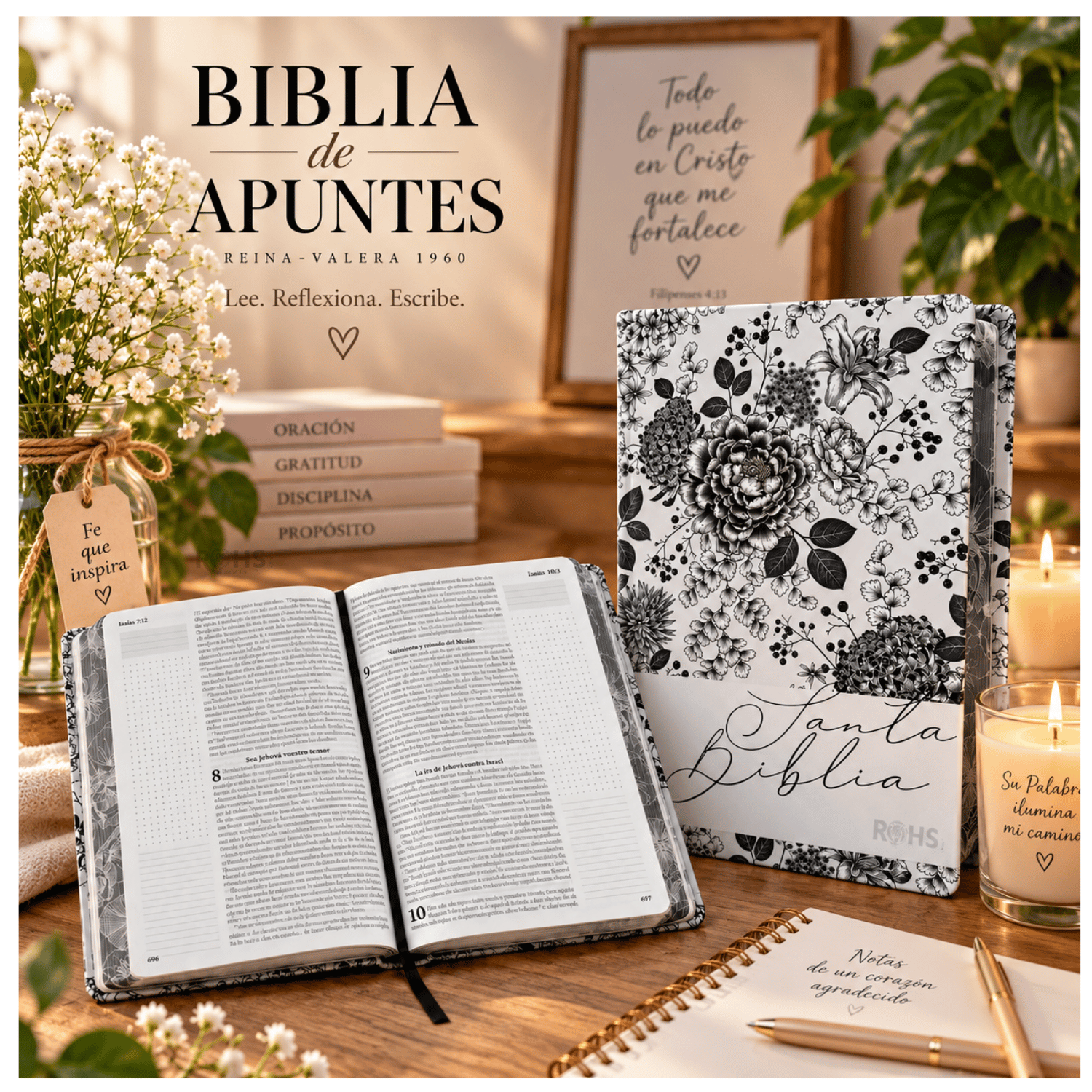 BIBLIA REINA VALERA 1960 DE APUNTES - EDICIÓN FLORES BLANCO Y NEGRO CON TAPA DURA Y MARGEN AMPLIO - 1