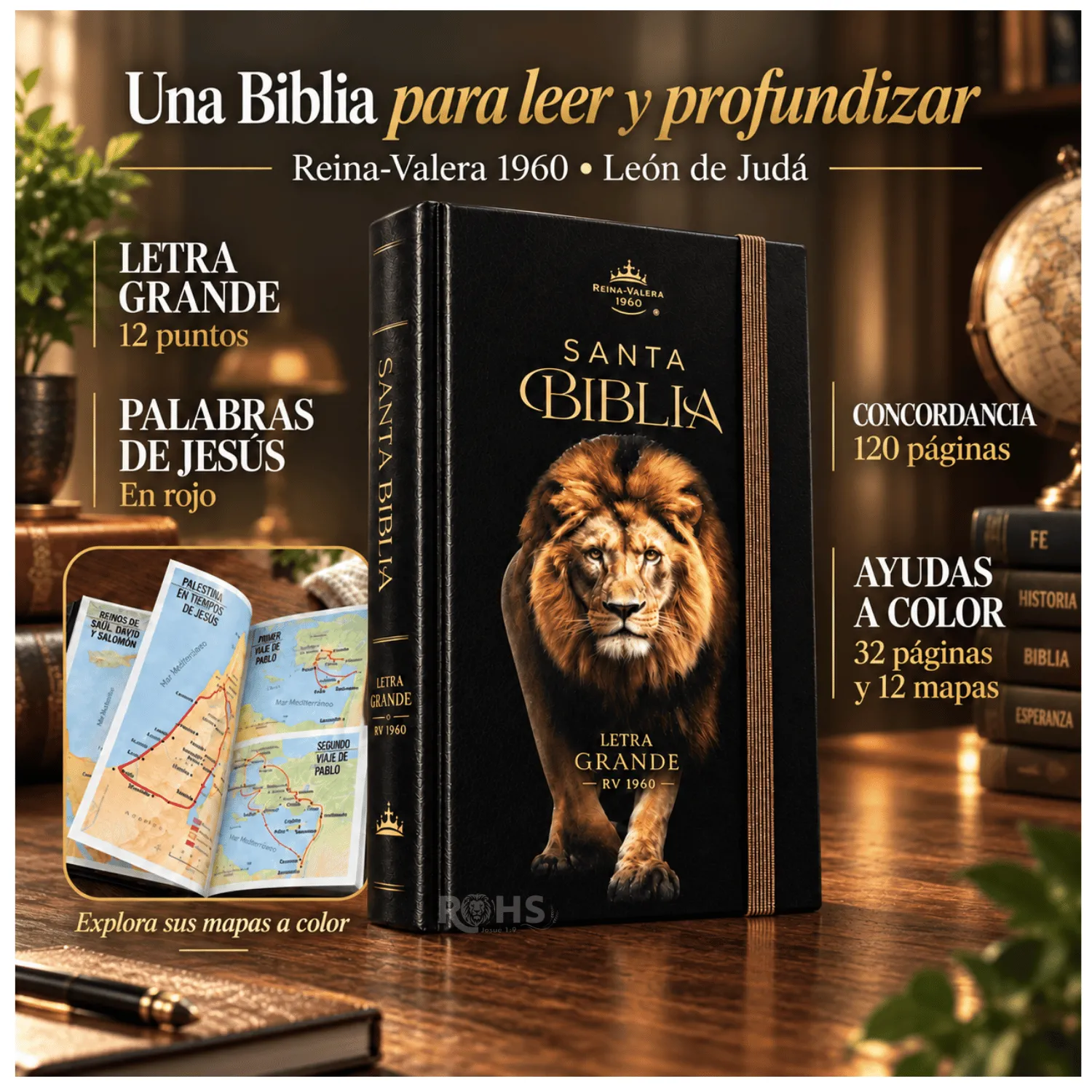 BIBLIA REINA VALERA 1960 “LEÓN DE JUDÁ” LETRA GRANDE 12 PUNTOS - TAPA DURA CON ELÁSTICO - 1