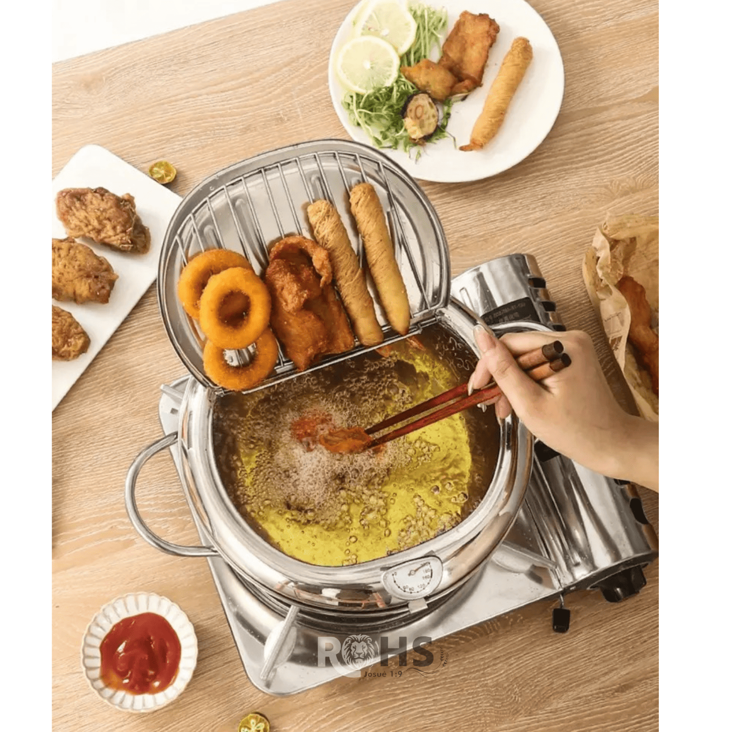 FREIDORA JAPONESA DE ACERO INOXIDABLE CON TERMÓMETRO 2.2L PARA POLLO TEMPURA PAPAS FRITAS - 7