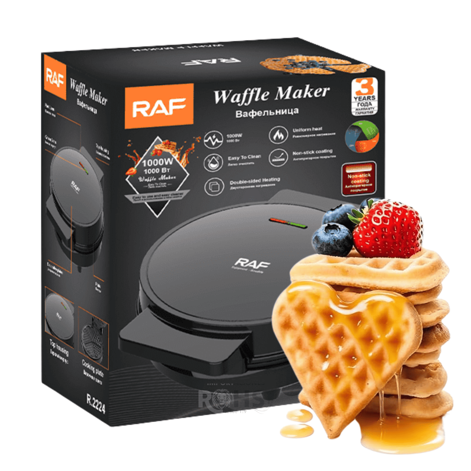 WAFFLERA ELÉCTRICA RAF 1000W ANTIADHERENTE CON DISEÑO DE CORAZÓN 5 SECCIONES - 6