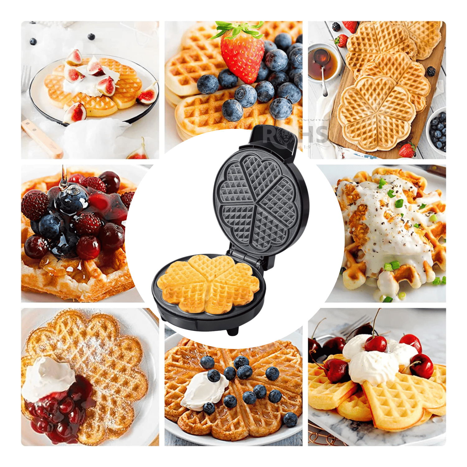 WAFFLERA ELÉCTRICA RAF 1000W ANTIADHERENTE CON DISEÑO DE CORAZÓN 5 SECCIONES - 7