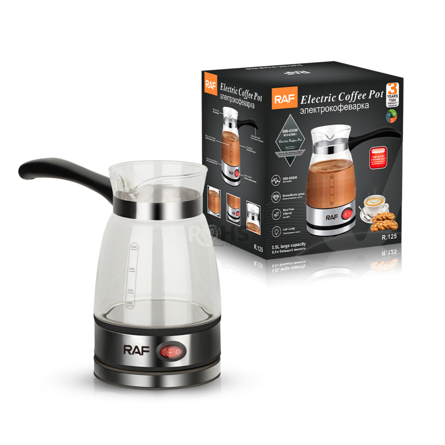 CAFETERA ELÉCTRICA RAF R.125 DE VIDRIO 600-650W CON BASE CALENTADORA NEGRA - 1