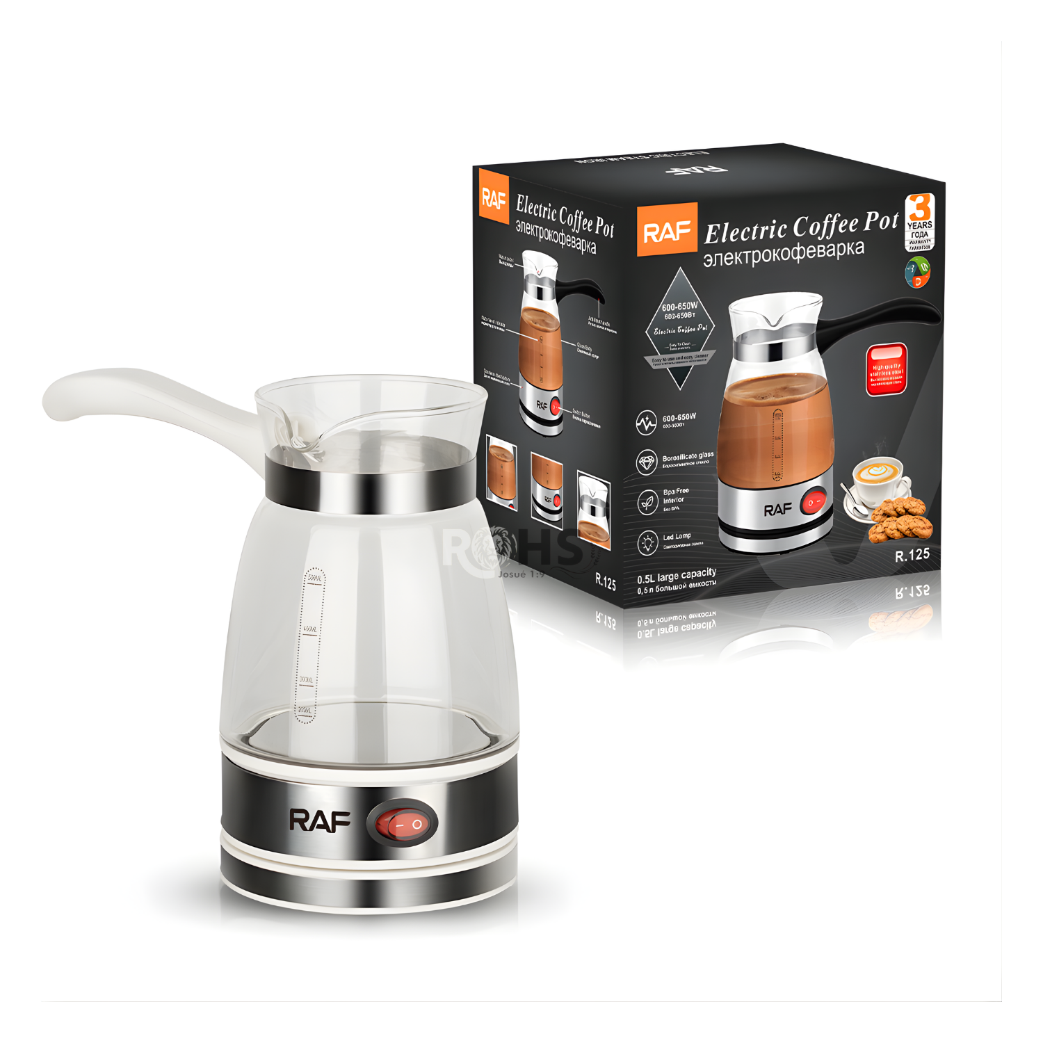 CAFETERA ELÉCTRICA RAF R.125 DE VIDRIO 600-650W CON BASE CALENTADORA BLANCA - 1