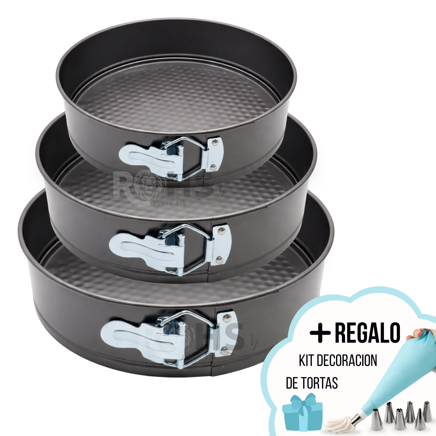 SET DE MOLDES DESMONTABLES REDONDOS DE METAL CON BASE TEXTURIZADA Y CIERRE LATERAL + KIT DE DECORACIÓN CON BOQUILLAS Y MANGA - 1
