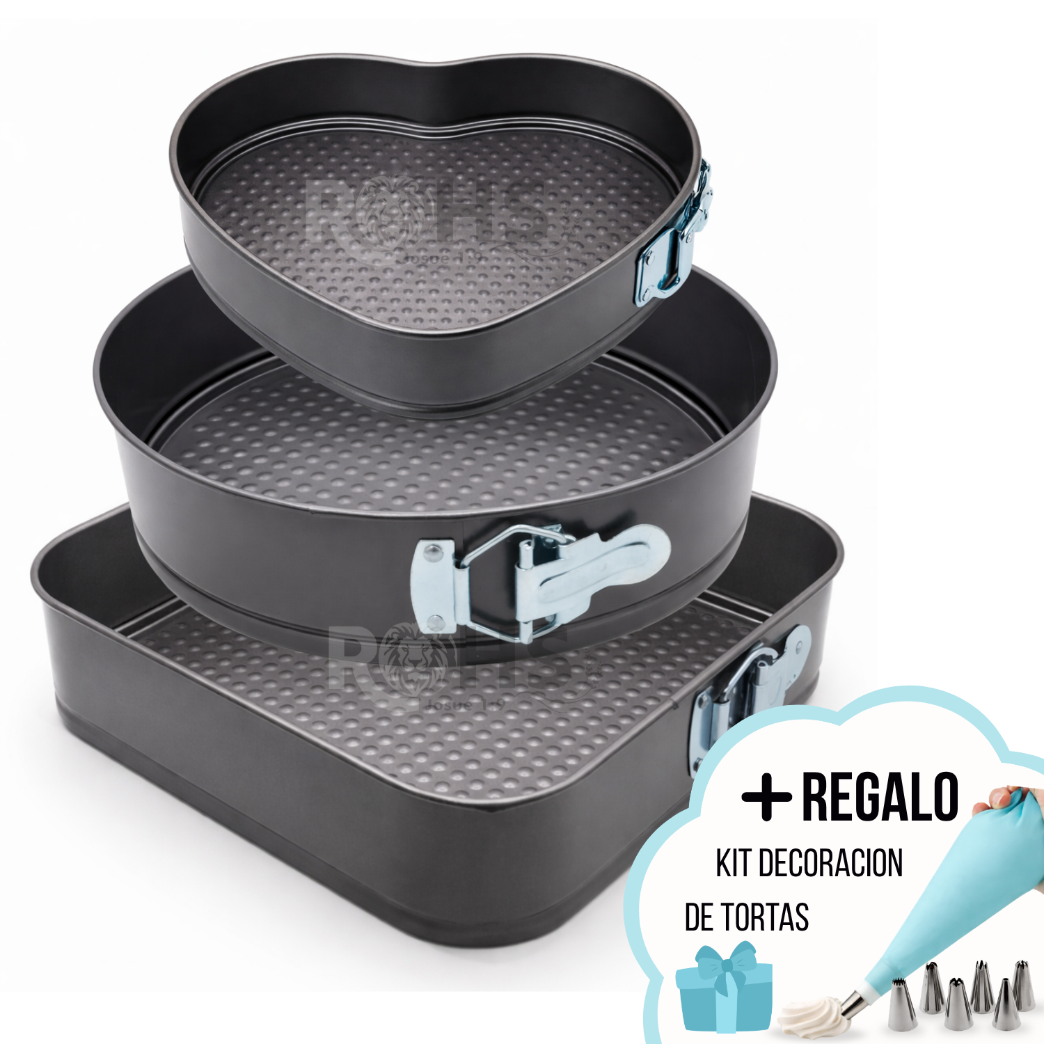 SET DE 3 MOLDES DESMONTABLES ANTIADHERENTES DE METAL REDONDO CORAZÓN Y CUADRADO + KIT DE DECORACIÓN CON BOQUILLAS Y MANGA - 1