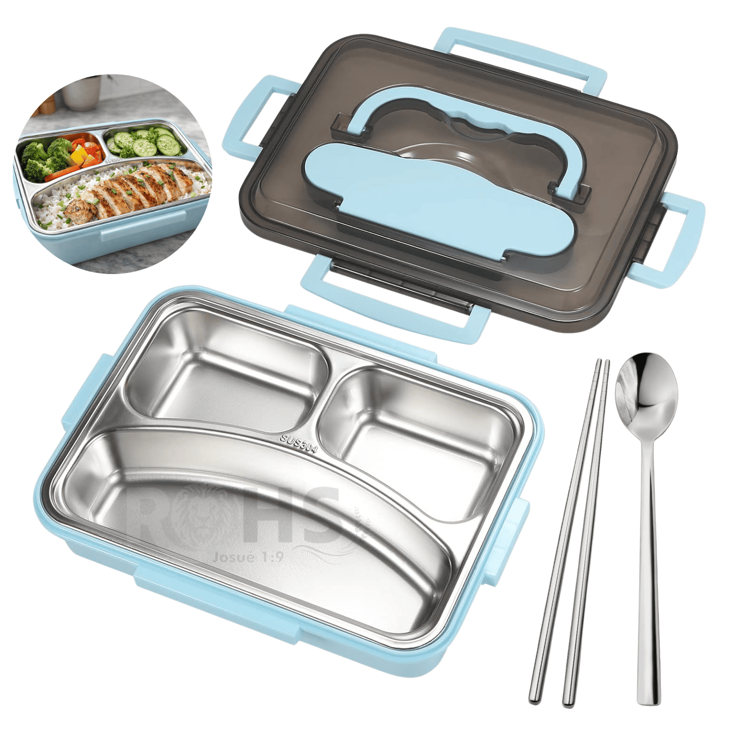 TUPPER DE ACERO INOXIDABLE COMPARTIMENTADO CON CUCHARA Y PALITOS 24 CM - 1