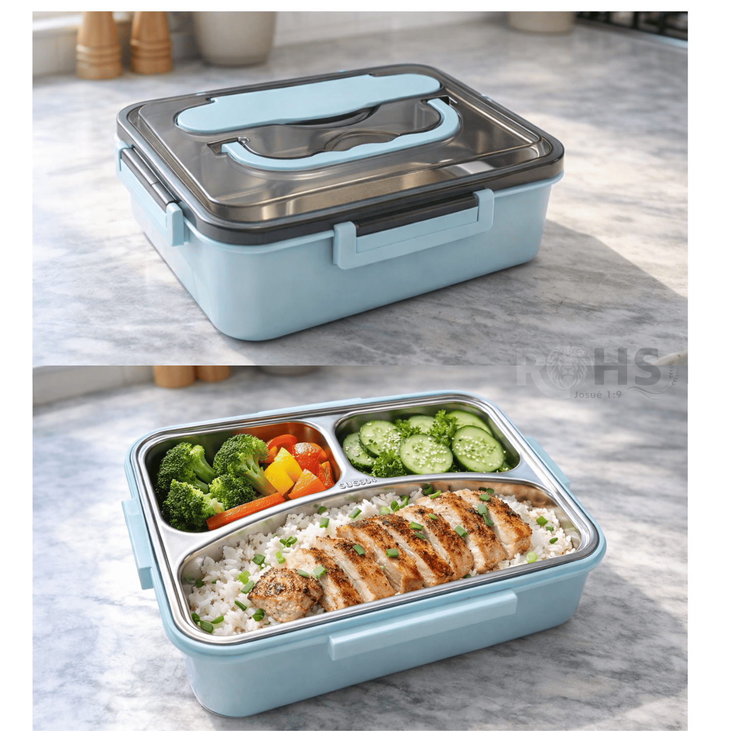TUPPER DE ACERO INOXIDABLE COMPARTIMENTADO CON CUCHARA Y PALITOS 24 CM - 6