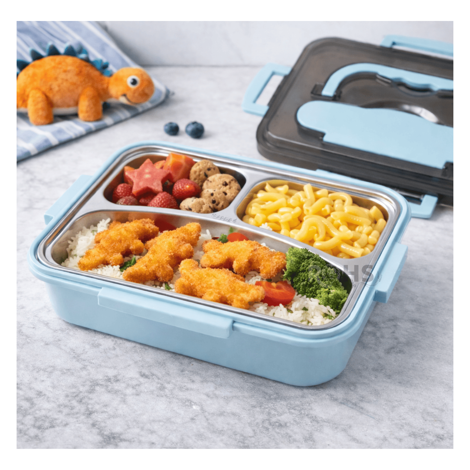 TUPPER DE ACERO INOXIDABLE COMPARTIMENTADO CON CUCHARA Y PALITOS 24 CM - 7