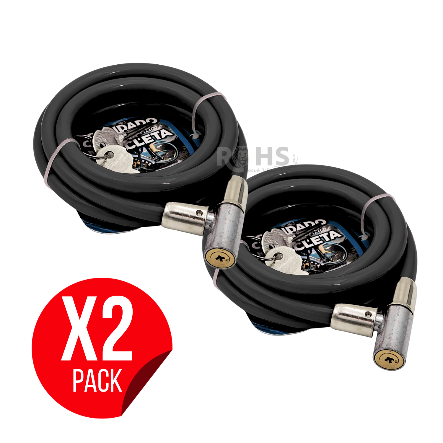 PACK X2 CANDADOS PARA BICICLETA NEGRO 150 CM CABLE DE SEGURIDAD CON LLAVE ANTIRROBO - 1