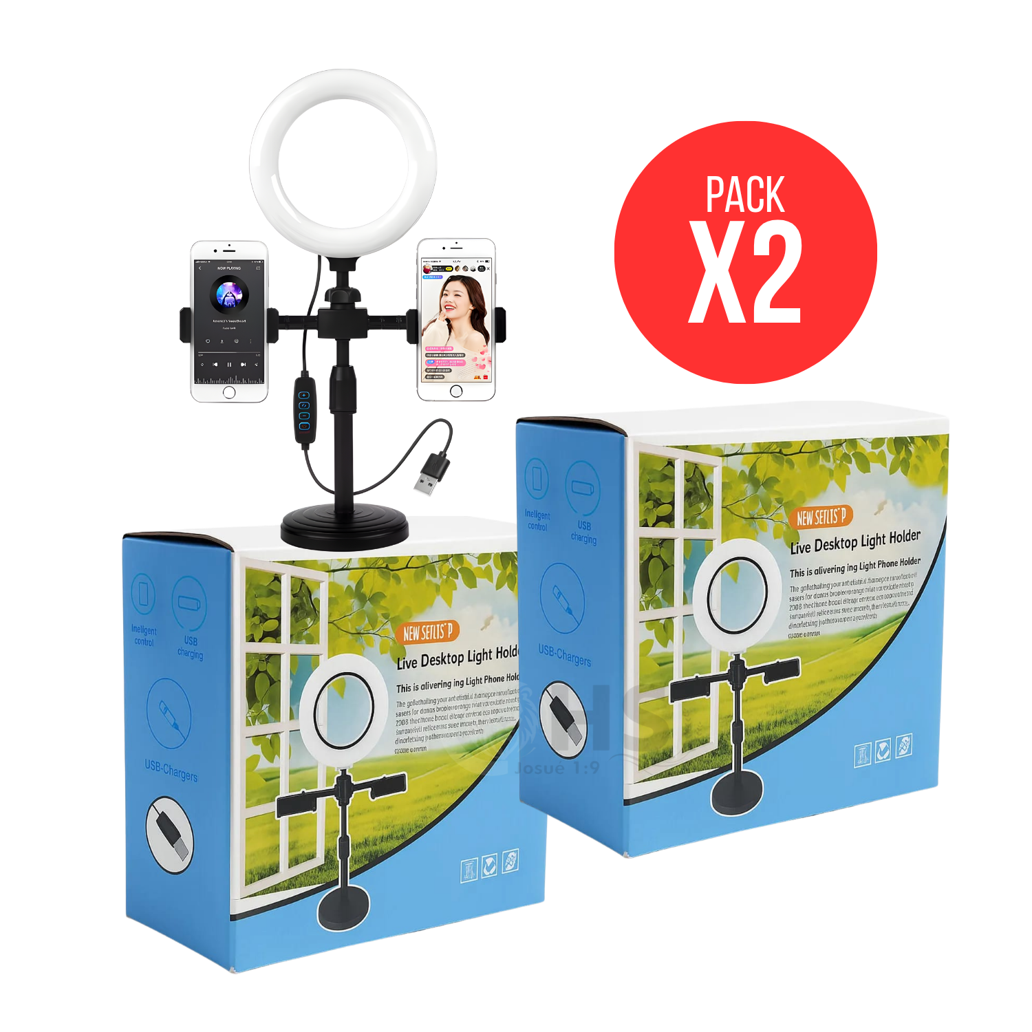 PACK 2 ARO LED CON DOBLE SOPORTE AJUSTABLE PARA CELULAR BASE DE ESCRITORIO ILUMINACIÓN PROFESIONAL - 1