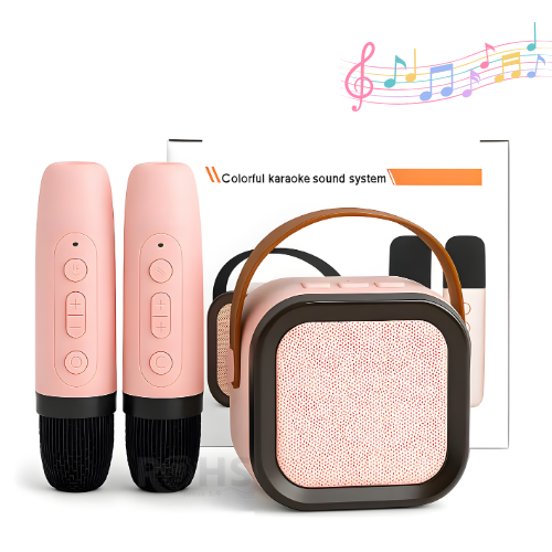 MICRÓFONO DE KARAOKE CON PARLANTE BLUETOOTH PORTÁTIL CON LUCES RGB Y MICRÓFONO INALÁMBRICO ROSADO - 1