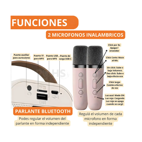 MICRÓFONO DE KARAOKE CON PARLANTE BLUETOOTH PORTÁTIL CON LUCES RGB Y MICRÓFONO INALÁMBRICO ROSADO - 3