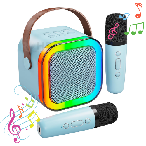 MICRÓFONO DE KARAOKE CON PARLANTE BLUETOOTH PORTÁTIL CON LUCES RGB Y MICRÓFONO INALÁMBRICO CELESTE - 1