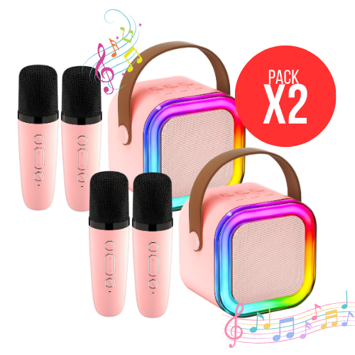 PACK X2 MICRÓFONO DE KARAOKE CON PARLANTE BLUETOOTH PORTÁTIL CON LUCES RGB Y MICRÓFONOS INALÁMBRICOS ROSADO - 1