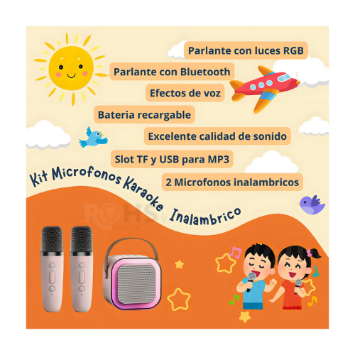 PACK X2 MICRÓFONO DE KARAOKE CON PARLANTE BLUETOOTH PORTÁTIL CON LUCES RGB Y MICRÓFONOS INALÁMBRICOS ROSADO - 6