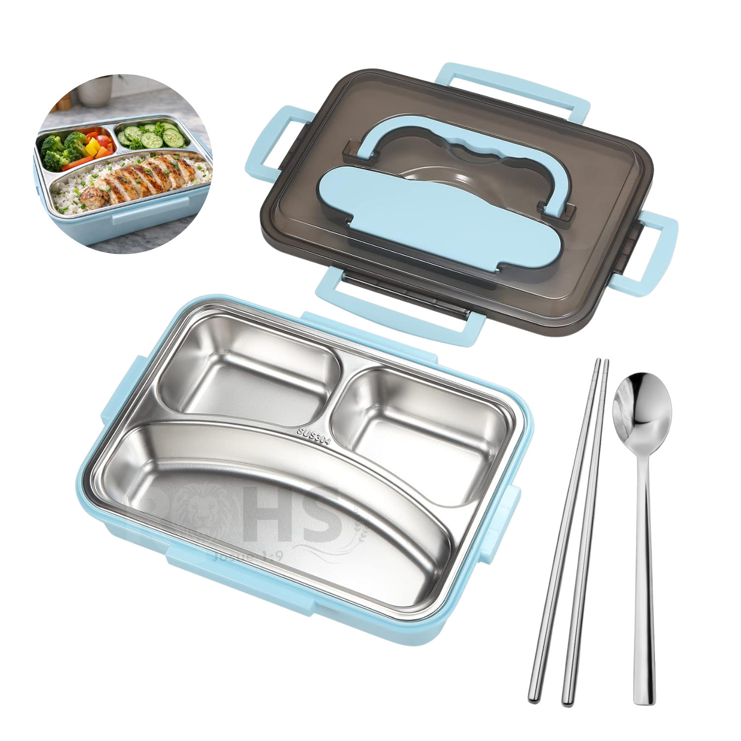 TUPPER DE ACERO INOXIDABLE COMPARTIMENTADO CON CUCHARA Y PALITOS - 2