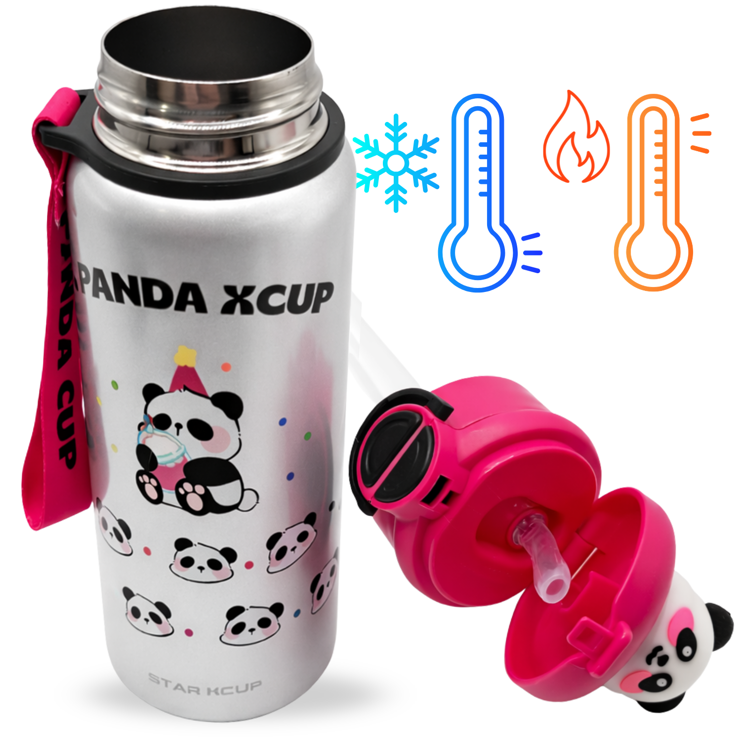BOTELLA TÉRMICA DE ACERO INOXIDABLE CON SORBETE DISEÑO PANDA GRIS CON FUCSIA - 1