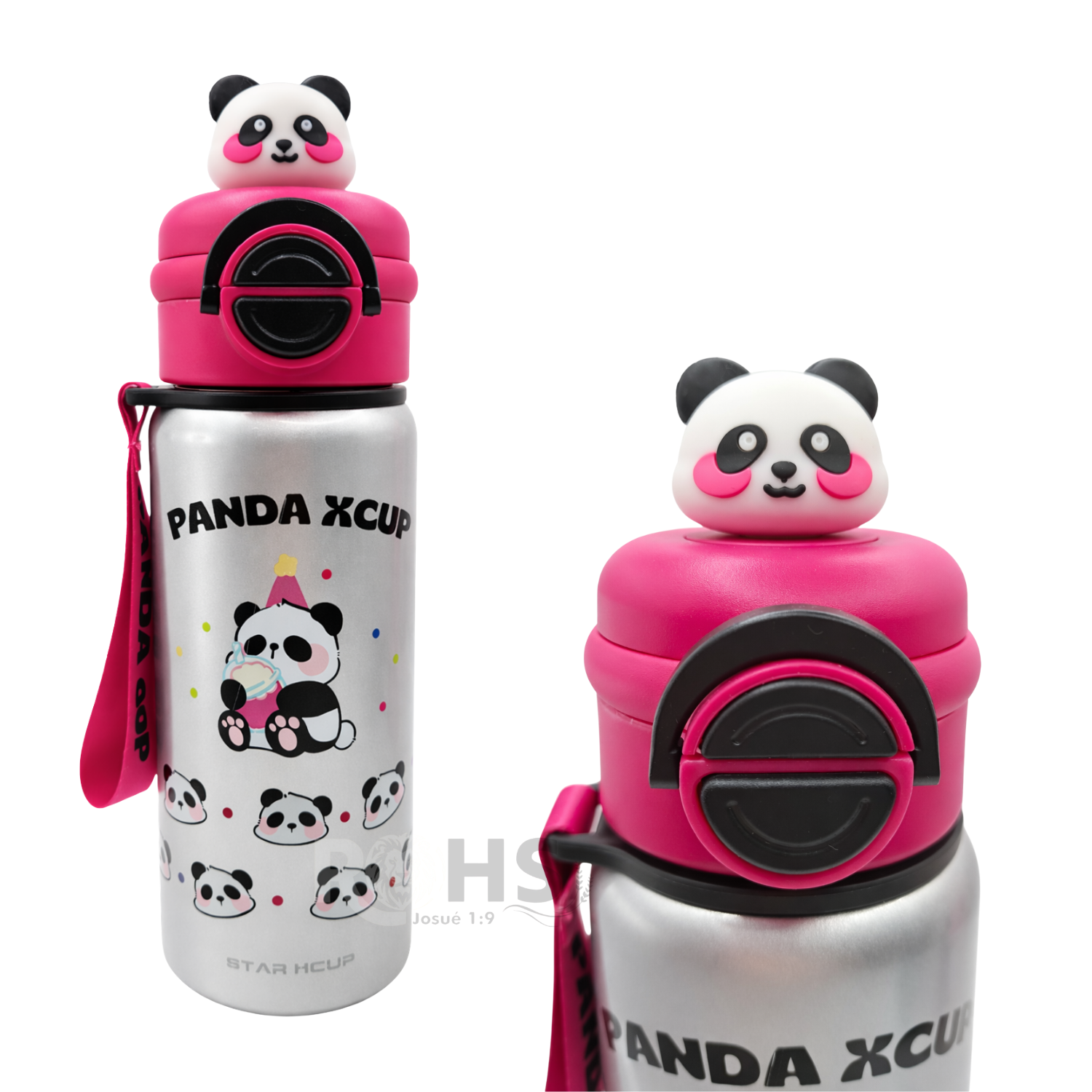 BOTELLA TÉRMICA DE ACERO INOXIDABLE CON SORBETE DISEÑO PANDA GRIS CON FUCSIA - 2