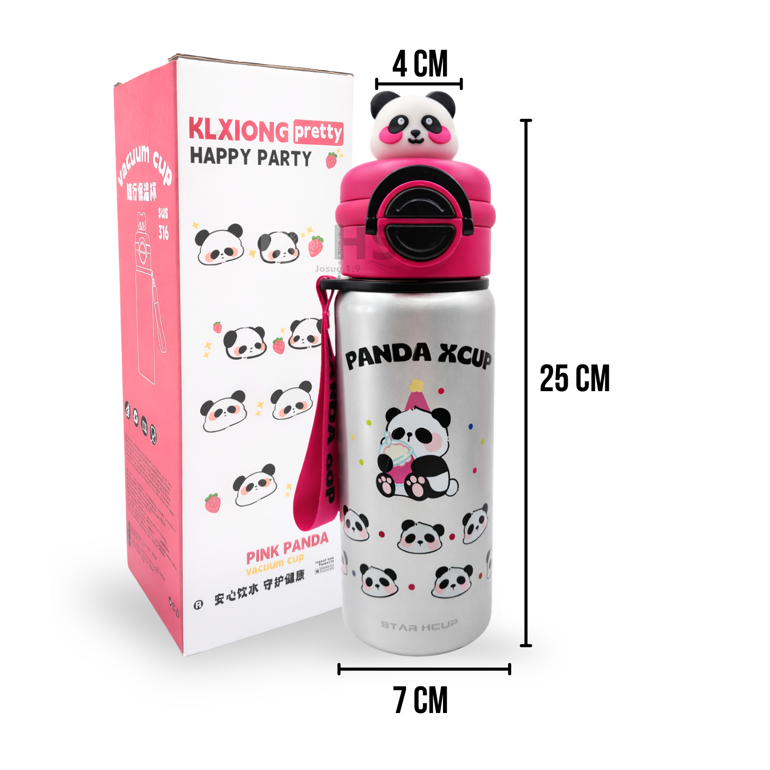 BOTELLA TÉRMICA DE ACERO INOXIDABLE CON SORBETE DISEÑO PANDA GRIS CON FUCSIA - 3