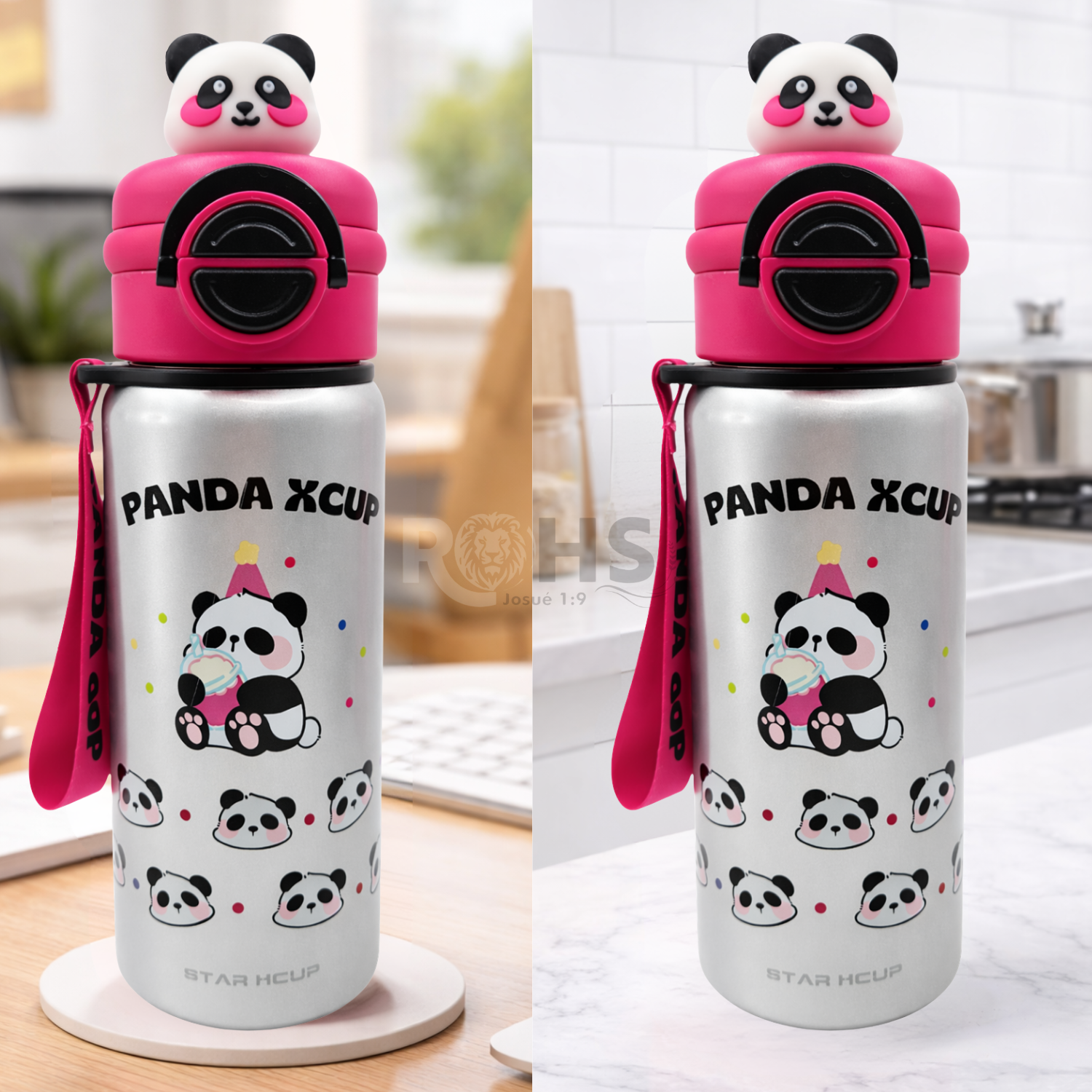 BOTELLA TÉRMICA DE ACERO INOXIDABLE CON SORBETE DISEÑO PANDA GRIS CON FUCSIA - 4