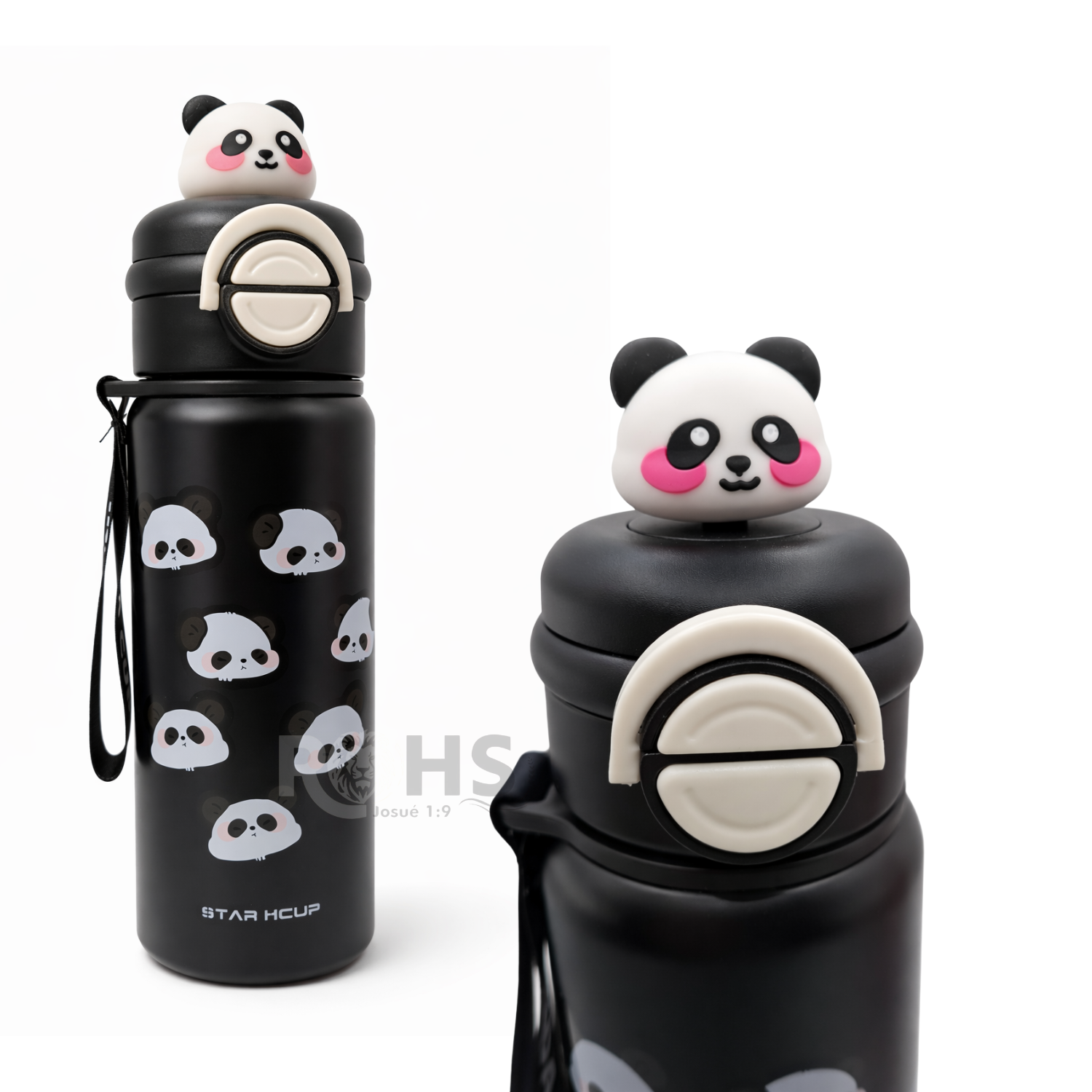 BOTELLA TÉRMICA DE ACERO INOXIDABLE CON SORBETE DISEÑO PANDA NEGRA 25 CM - 1