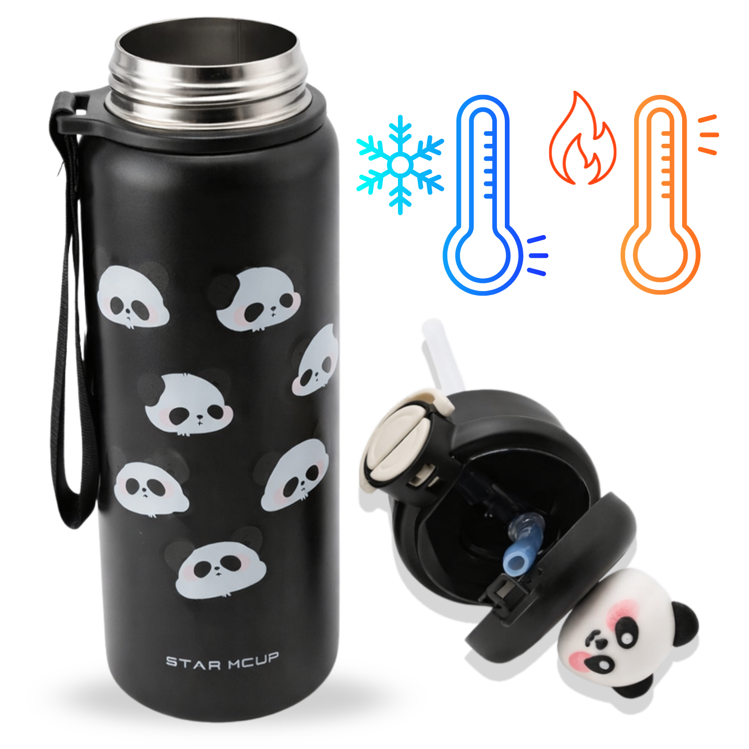 BOTELLA TÉRMICA DE ACERO INOXIDABLE CON SORBETE DISEÑO PANDA NEGRA 25 CM - 2