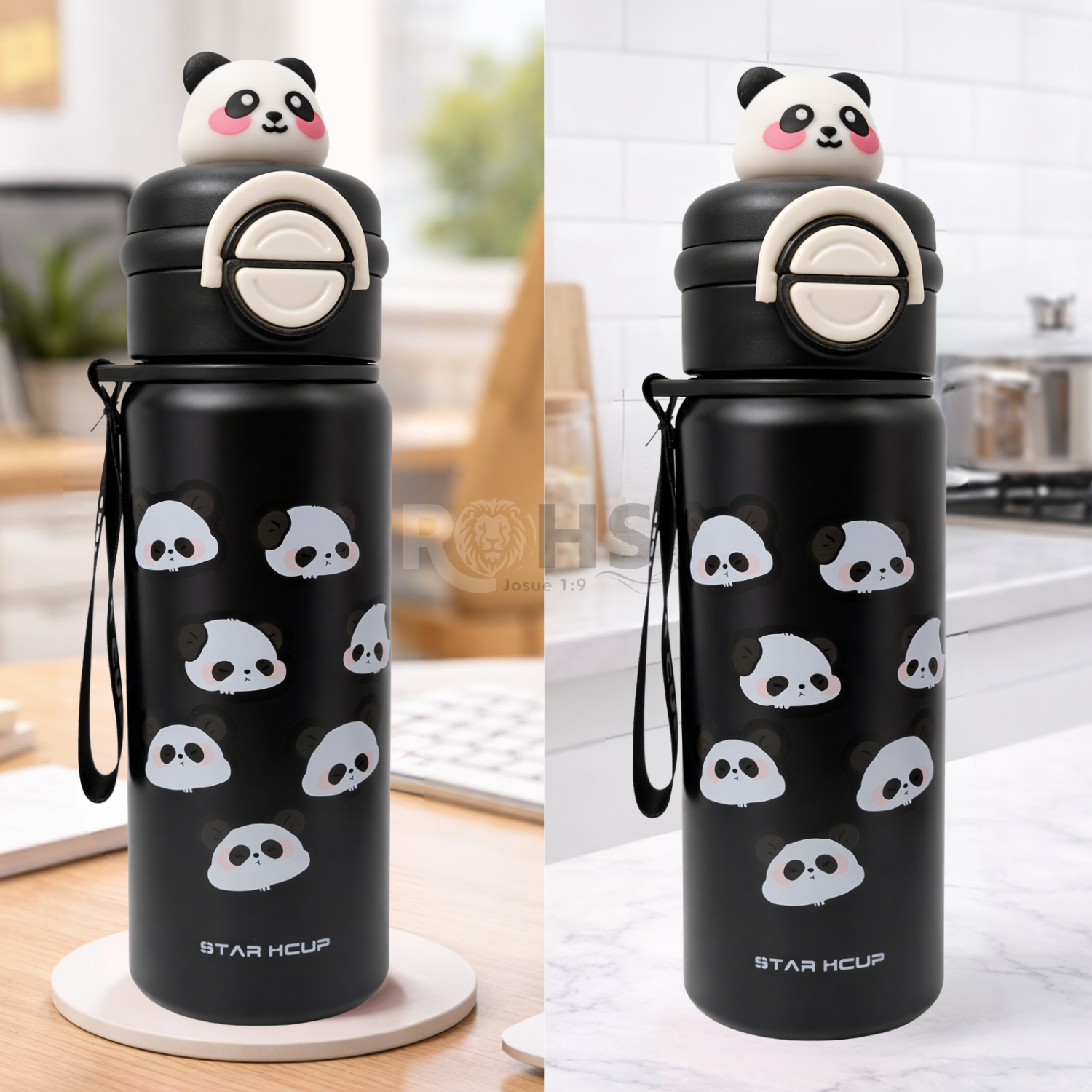 BOTELLA TÉRMICA DE ACERO INOXIDABLE CON SORBETE DISEÑO PANDA NEGRA 25 CM - 4