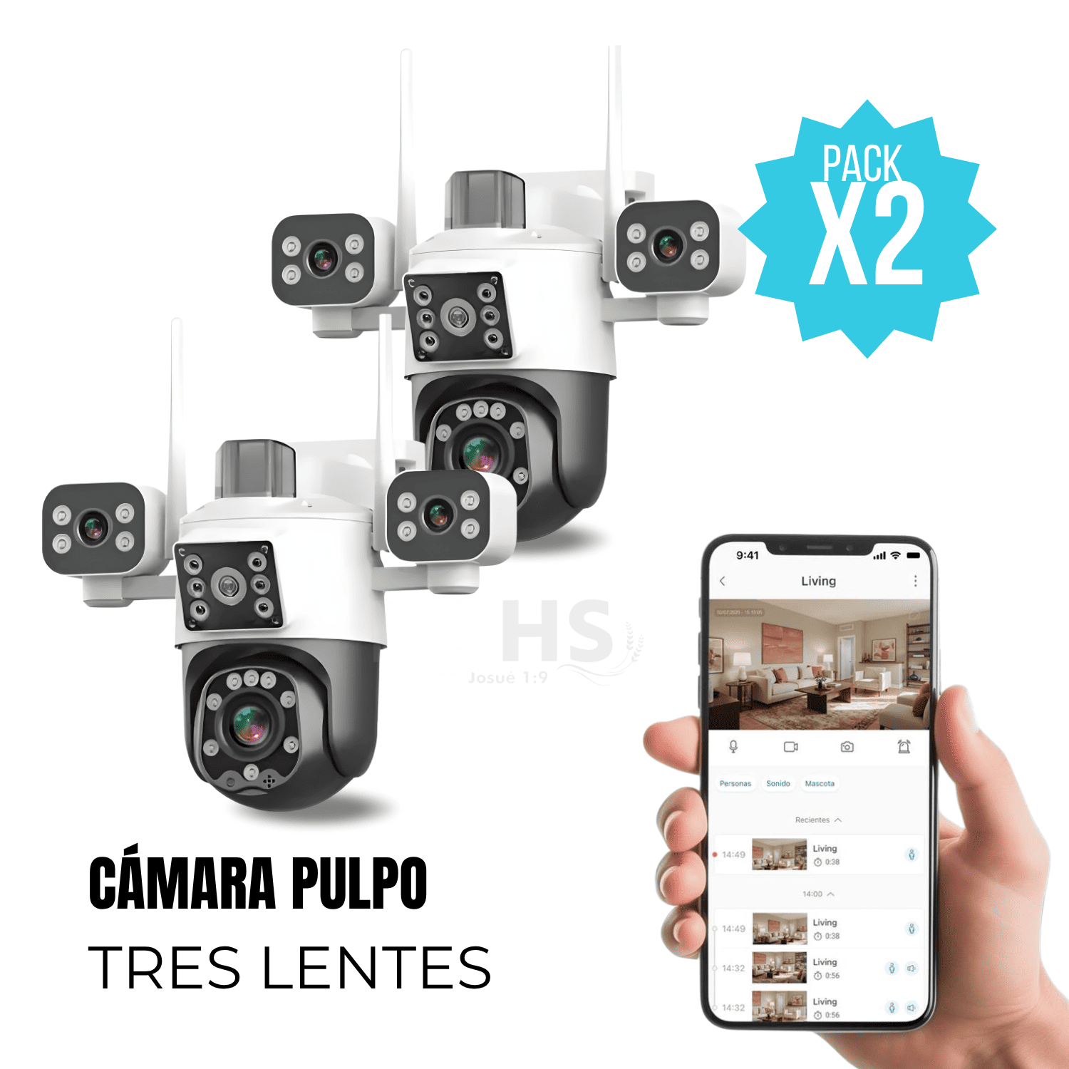PACK 2 CÁMARAS DE SEGURIDAD PULPO WIFI EXTERIOR 3 LENTES 3K CON VISIÓN NOCTURNA 360° - 1
