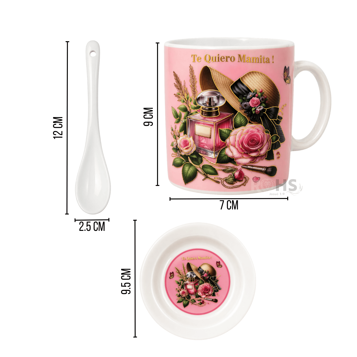 SET DE REGALO PARA DÍA DE LA MADRE TAZA CON PLATO Y CUCHARA TE AMO MAMÁ DISEÑO ROSA CERÁMICA - 3