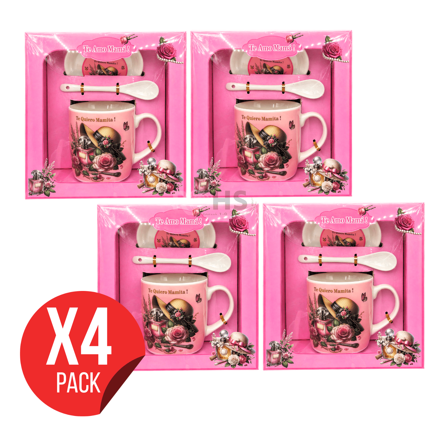 PACK 4 SETS DE REGALO PARA DÍA DE LA MADRE TAZA CON PLATO Y CUCHARA TE AMO MAMÁ DISEÑO ROSA CERÁMICA - 1
