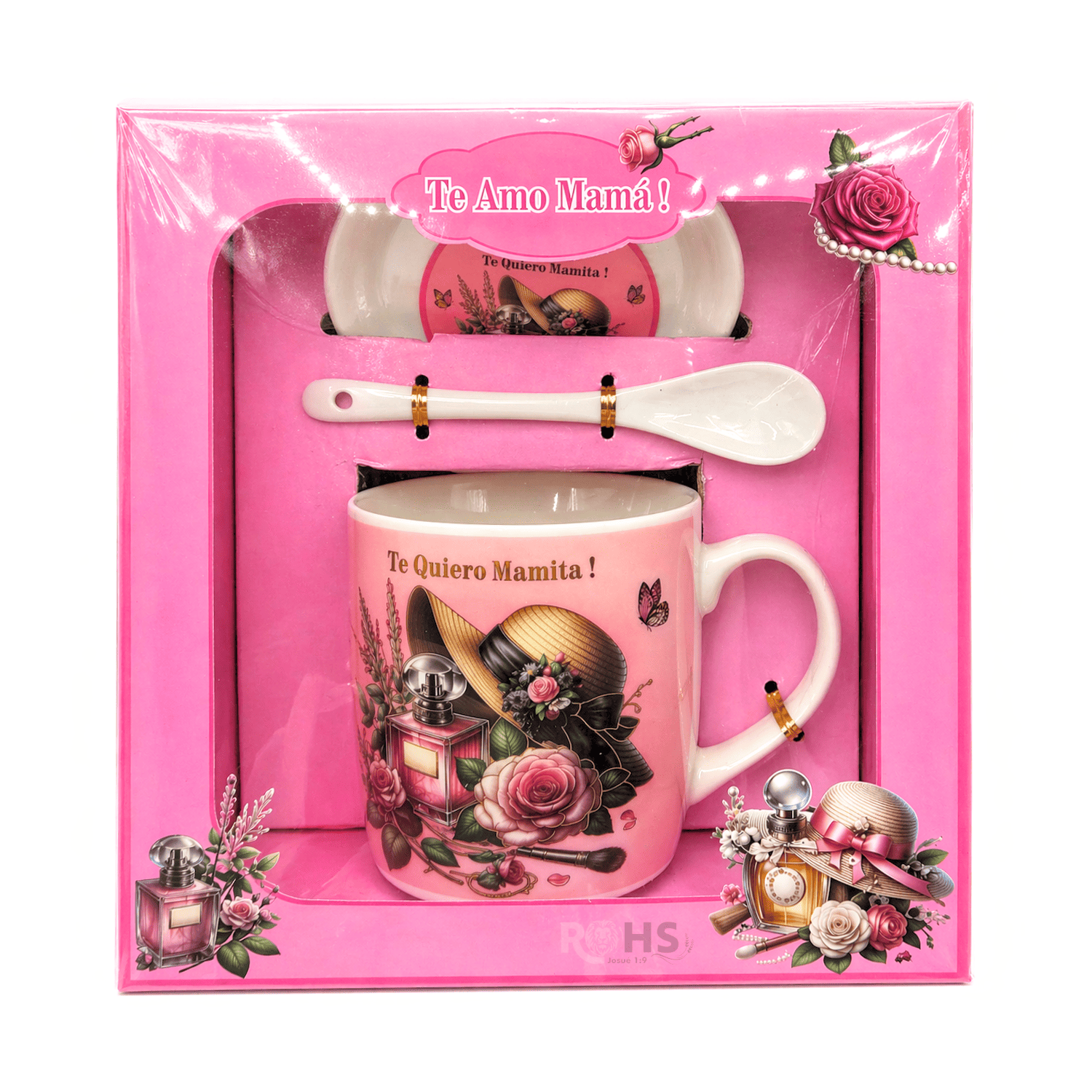 PACK 4 SETS DE REGALO PARA DÍA DE LA MADRE TAZA CON PLATO Y CUCHARA TE AMO MAMÁ DISEÑO ROSA CERÁMICA - 2