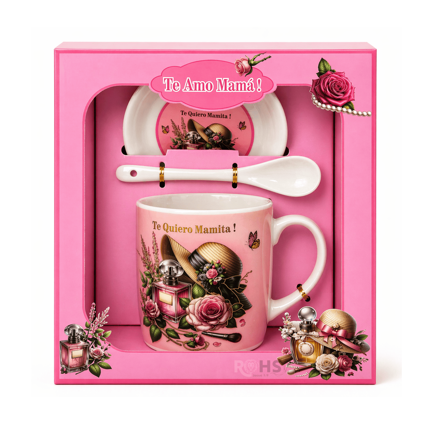 PACK 4 SETS DE REGALO PARA DÍA DE LA MADRE TAZA CON PLATO Y CUCHARA TE AMO MAMÁ DISEÑO ROSA CERÁMICA - 6
