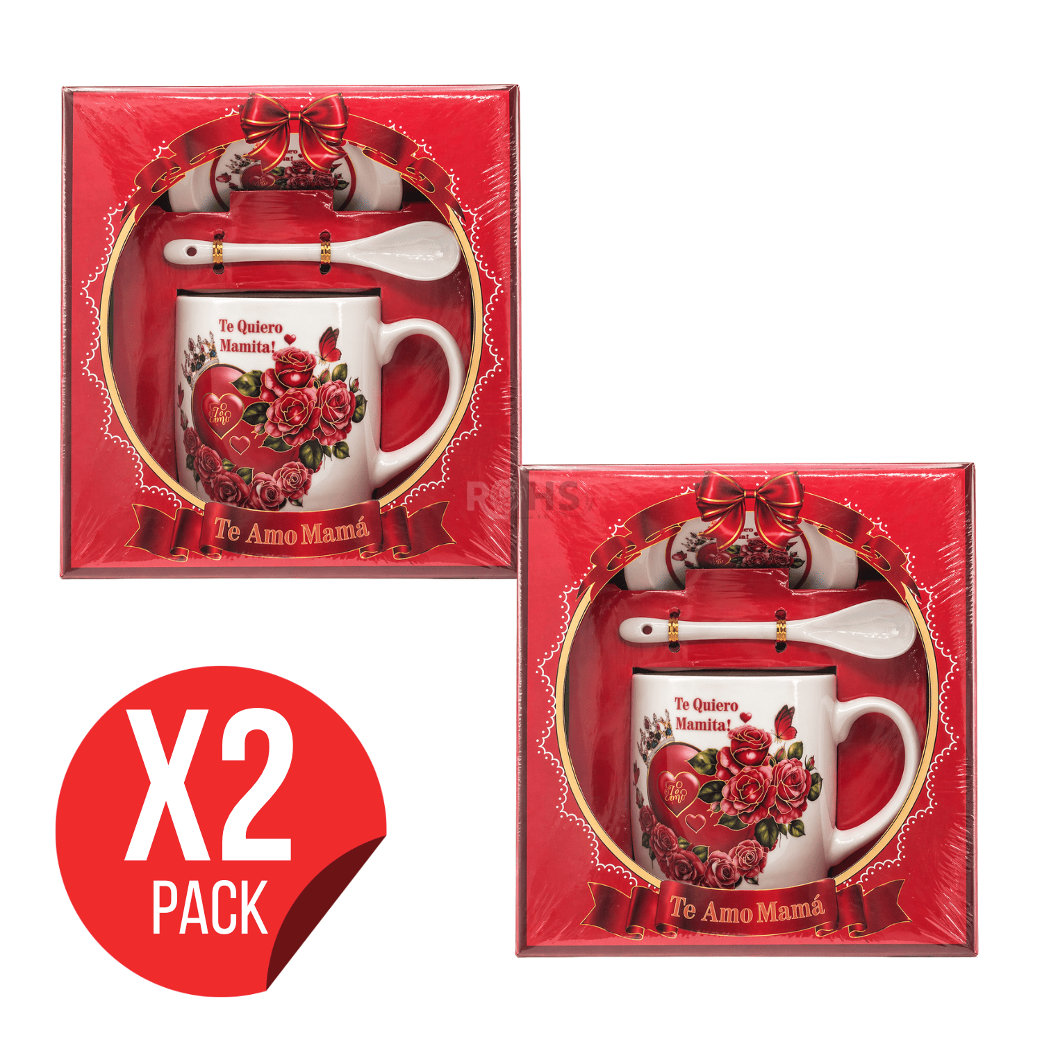 PACK 2 SETS DE REGALO PARA DÍA DE LA MADRE TAZA CON PLATO Y CUCHARA TE AMO MAMÁ DISEÑO ROJO CERÁMICA - 1