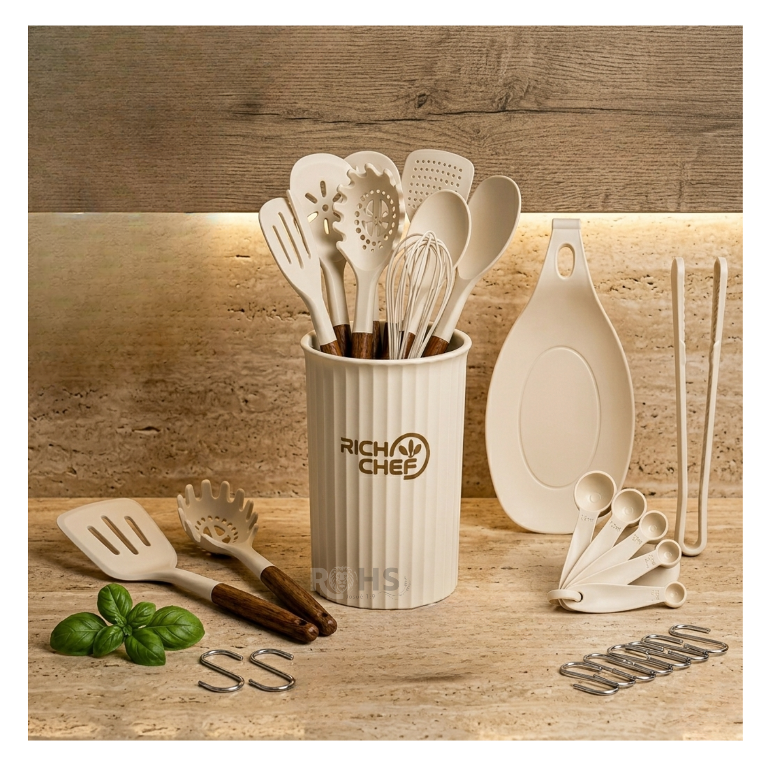 SET DE UTENSILIOS DE COCINA SILICONA 28 PIEZAS CON BASE Y ACCESORIOS RESISTENTE AL CALOR BEIGE - 6
